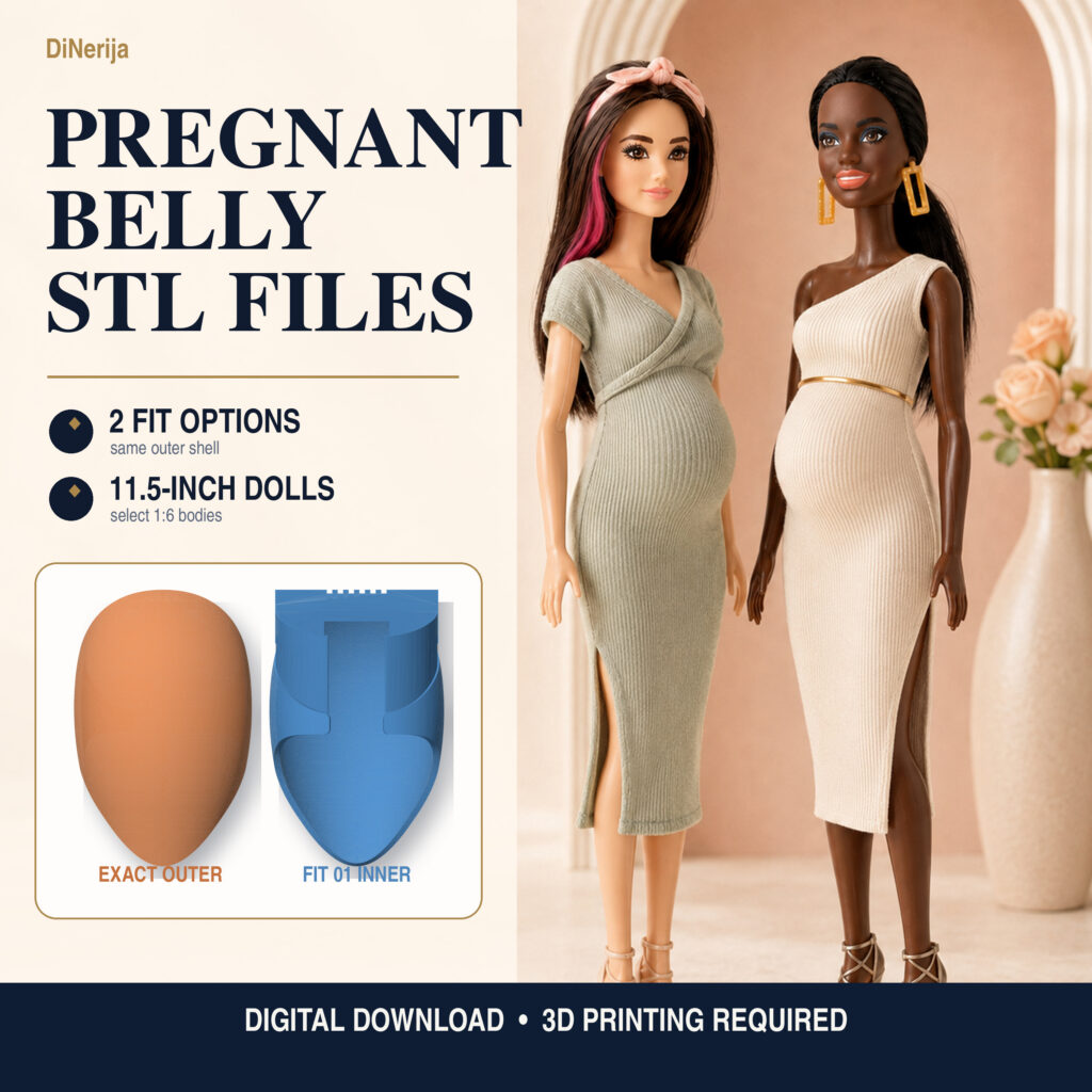 Pregnant belly 3D print files: two 11.5 inch fashion dolls in knit dresses with the printed belly underneath, next to the two STL fit variants