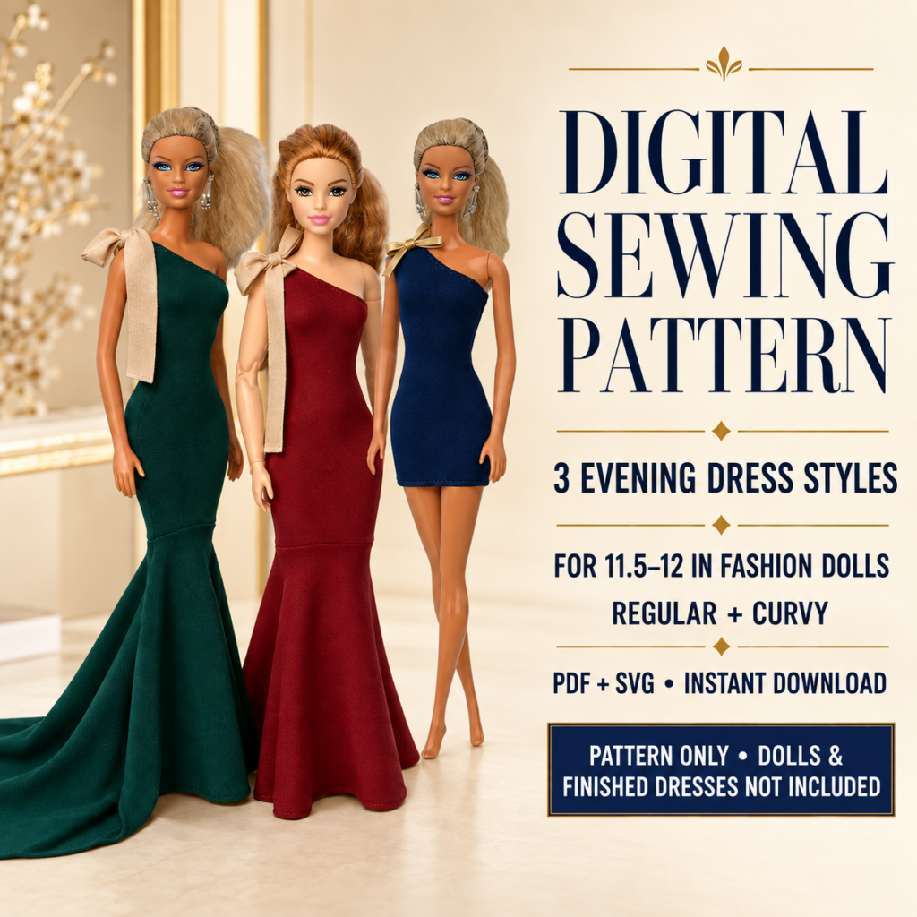 Digital sewing pattern with 3 evening dress styles: dolls in a green gown with a train, a burgundy gown and a navy cocktail dress