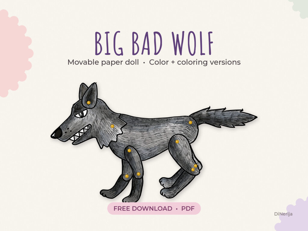 Big bad wolf puppet printable, hand-painted articulated paper doll with 9 brads