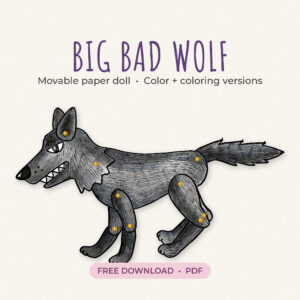 Big bad wolf puppet printable, hand-painted articulated paper doll with 9 brads