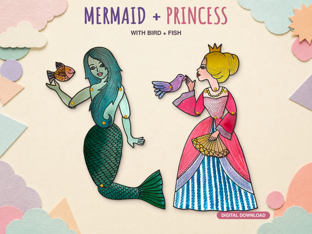 Mermaid paper doll with long teal hair, a green scaly tail and an orange fish, and a princess paper doll in a pink gown with a striped blue skirt, a gold fan and a purple bird; digital download
