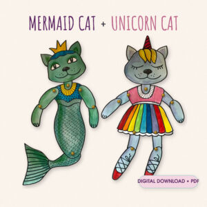 Unicorn cat paper doll and mermaid cat paper doll assembled with brads: a green cat with a crown and a fish tail, and a grey cat with a horn, a rainbow skirt and red ballet shoes; digital download PDF