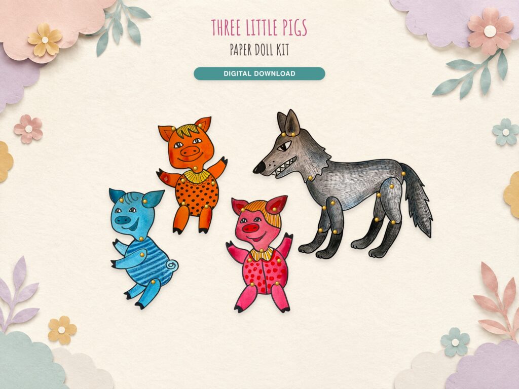 Three little pigs puppets and the big bad wolf as hand-drawn articulated paper dolls joined with brads: an orange, a blue and a pink pig and a grey wolf; digital download