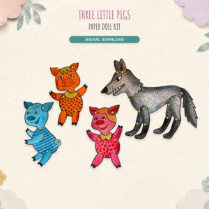 Three little pigs puppets and the big bad wolf as hand-drawn articulated paper dolls joined with brads: an orange, a blue and a pink pig and a grey wolf; digital download