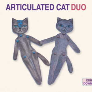 Two hand-drawn articulated paper cats from the cat paper doll set, joined with brads and holding paws, one with a blue flower pattern on the forehead; text Articulated Cat Duo, digital download