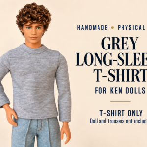 Grey doll long sleeve shirt on a curly-haired male doll with light blue trousers, with the text Handmade, Physical Item, Grey Long-Sleeve T-Shirt for Ken® Dolls, T-shirt only.