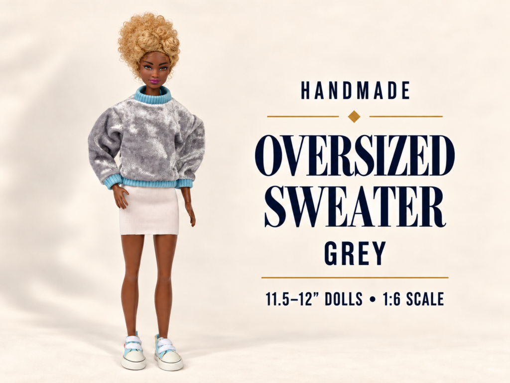 Grey oversized doll sweatshirt with aqua ribbing on a doll with a white mini skirt, with the text Handmade Oversized Sweater Grey, 11.5-12 in dolls, 1:6 scale.