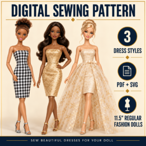 Three 11.5 inch fashion dolls in dresses from the doll wedding dress sewing pattern: a black and white gingham fitted dress, a gold cocktail dress and a wedding look with a long sheer overskirt; 3 dress styles, PDF + SVG, Regular dolls