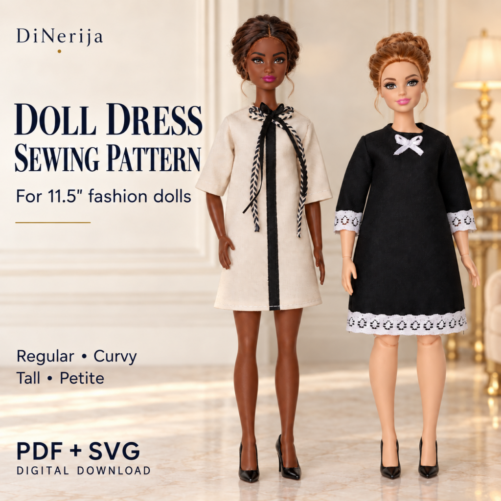 Two 11.5 inch fashion dolls in dresses from the long sleeve doll dress sewing pattern: a cream dress with a black ribbon placket and bow, and a black dress with white lace trim on a Curvy doll; PDF + SVG digital download