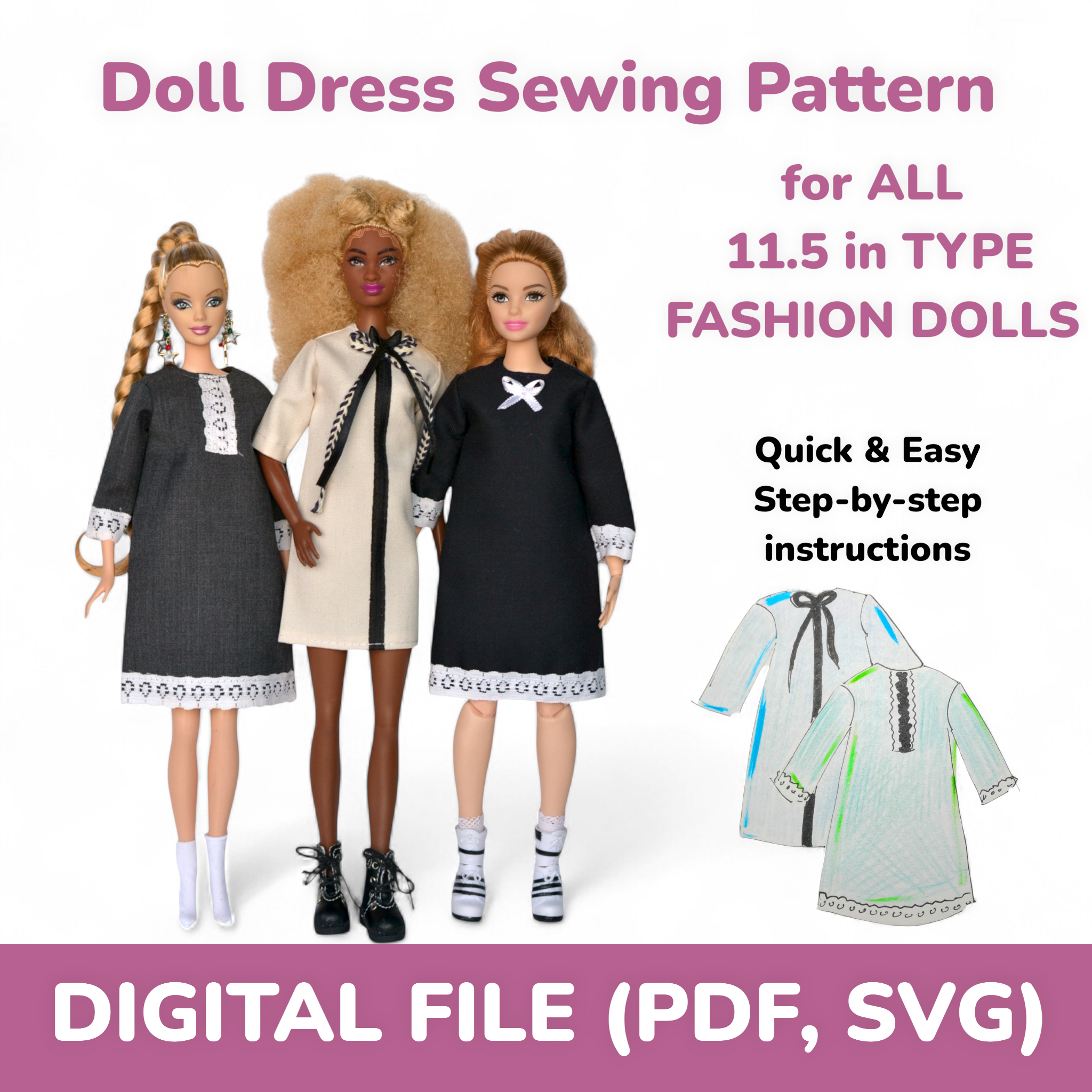 Three 11.5 inch fashion dolls in handmade long sleeve dresses with collars: dark with lace trim, cream with a black ribbon, dark with a bow and lace