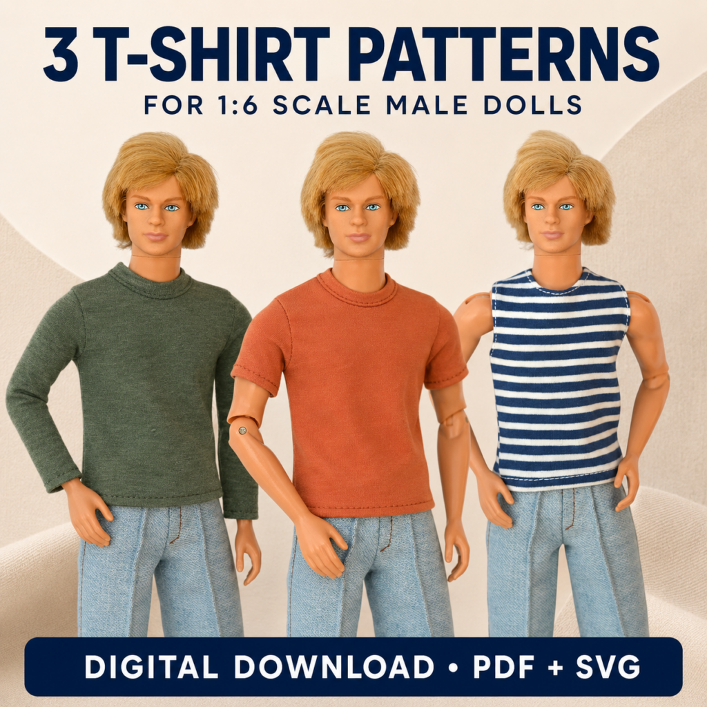 Three 1:6 scale male fashion dolls in T-shirts from the male doll T-shirt sewing pattern: long sleeve in green, short sleeve in rust and sleeveless in navy stripes; digital download, PDF + SVG