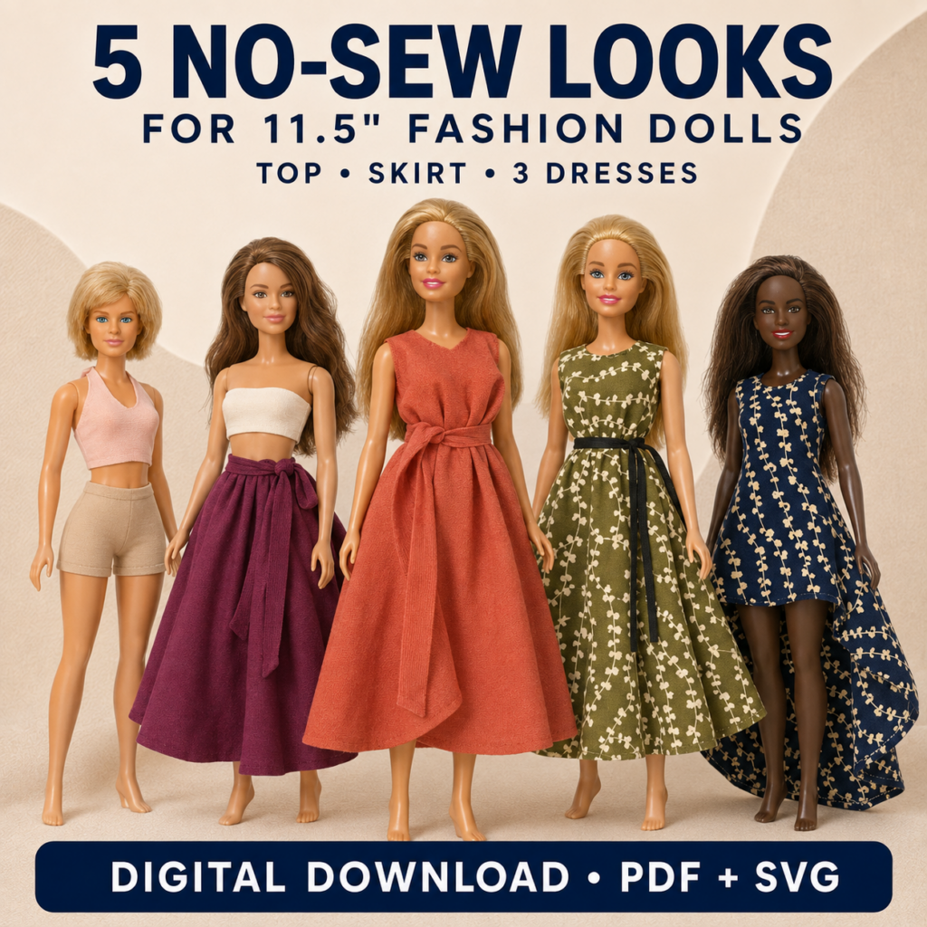 Five 11.5 inch fashion dolls wearing the five looks of the no-sew doll clothes pattern: a tie top, a wrap skirt and three dresses