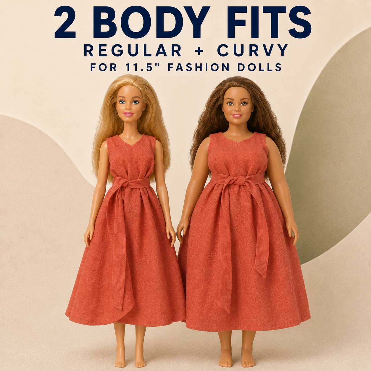 The same no-sew dress in the Regular and the Curvy fit on two 11.5 inch fashion dolls
