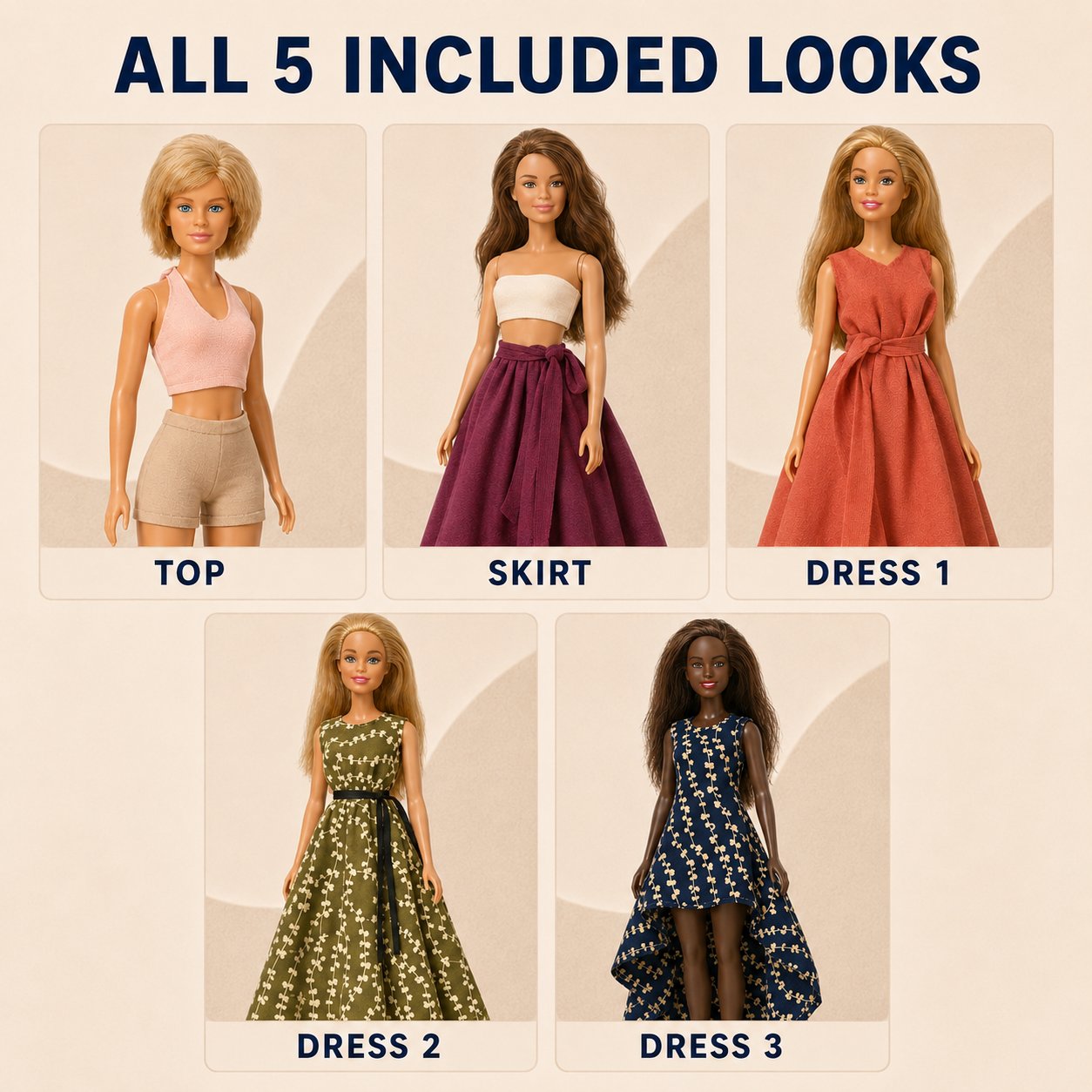 The five no-sew looks in the set: top, skirt and three dresses on 11.5 inch fashion dolls