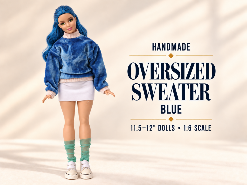 Blue oversized doll sweater with pale pink ribbing on a Curvy doll with a white mini skirt, with the text Handmade Oversized Sweater Blue, 11.5-12 in dolls, 1:6 scale.