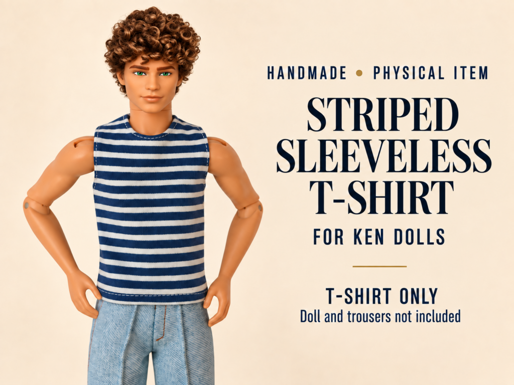 Navy and white striped doll tank top on a curly-haired male doll with light blue trousers, with the text Handmade, Physical Item, Striped Sleeveless T-Shirt for Ken® Dolls, T-shirt only.