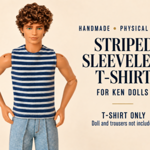 Navy and white striped doll tank top on a curly-haired male doll with light blue trousers, with the text Handmade, Physical Item, Striped Sleeveless T-Shirt for Ken® Dolls, T-shirt only.