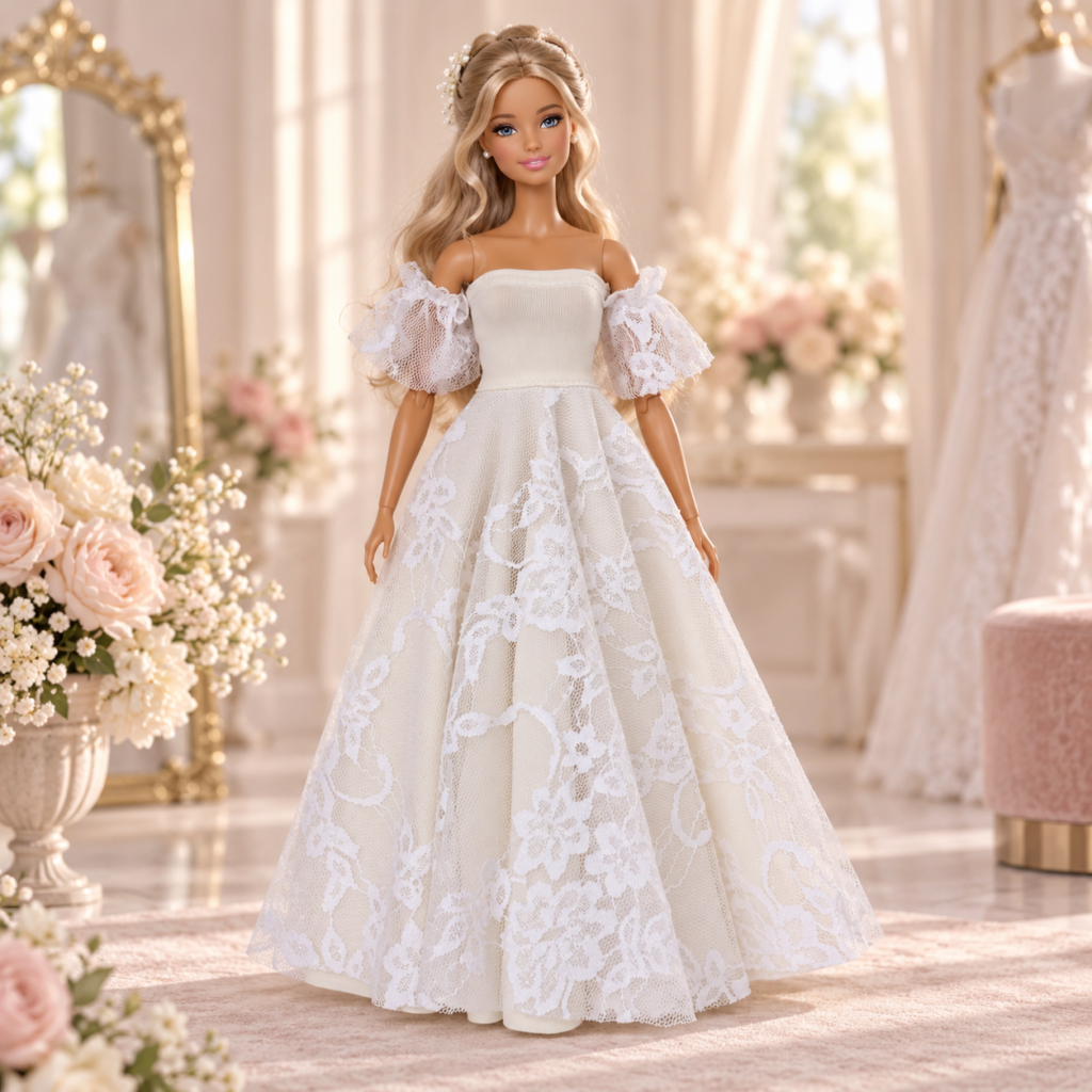 White doll wedding dress with lace sleeves and a full lace skirt on an 11.5 inch fashion doll in a bridal boutique setting
